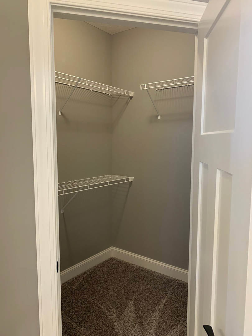 Walk-in closet with white shelves, carpeted floor, and white metal railing mounted on a wall with visible holes