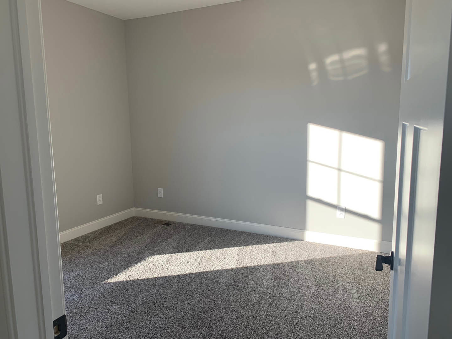 Carpeted room with white plaster walls, open door, window letting in natural light, and small black object on the floor