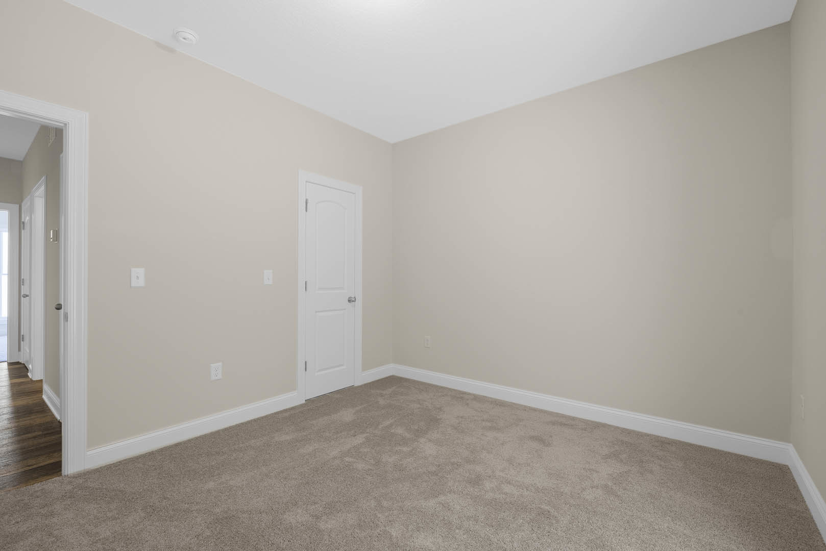 White paneled door with silver knobs, beige carpeted floor, white baseboards, and smooth plaster walls in a hallway of a residential home