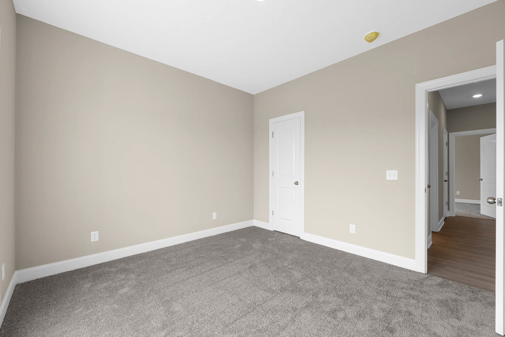 White paneled door with silver knobs, grey carpet flooring, white walls, and baseboards in a residential interior room
