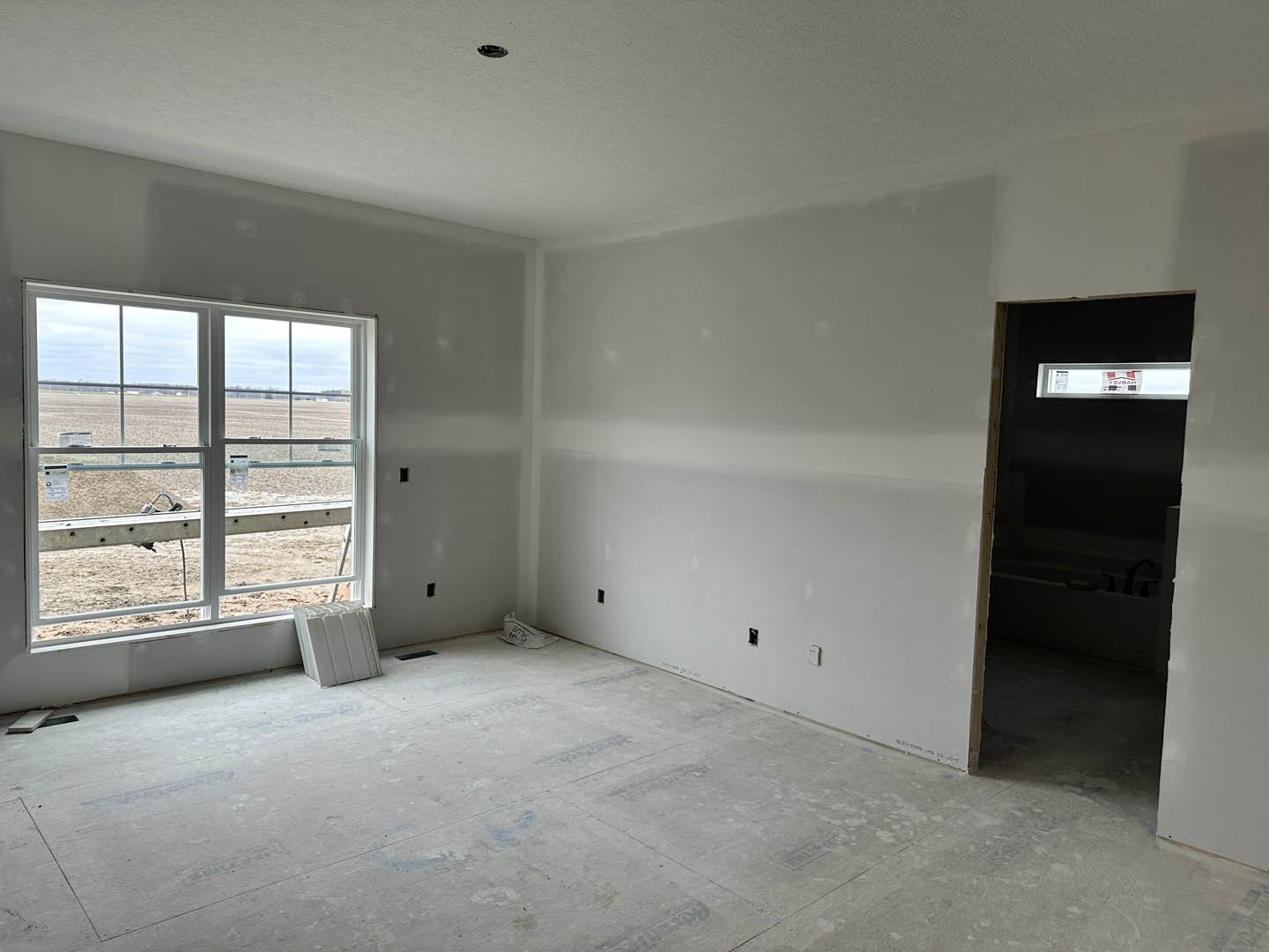 Bright room with white walls, wood flooring, single door, and large window overlooking a grassy field; stack of white boards and mirror visible in corner.