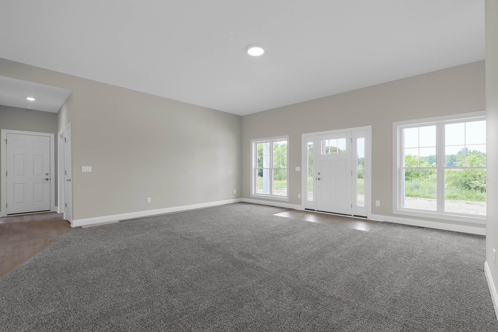 Bright room with grey carpet, white walls, a white door with silver handle, large windows showing outdoor view, and ceiling light fixture
