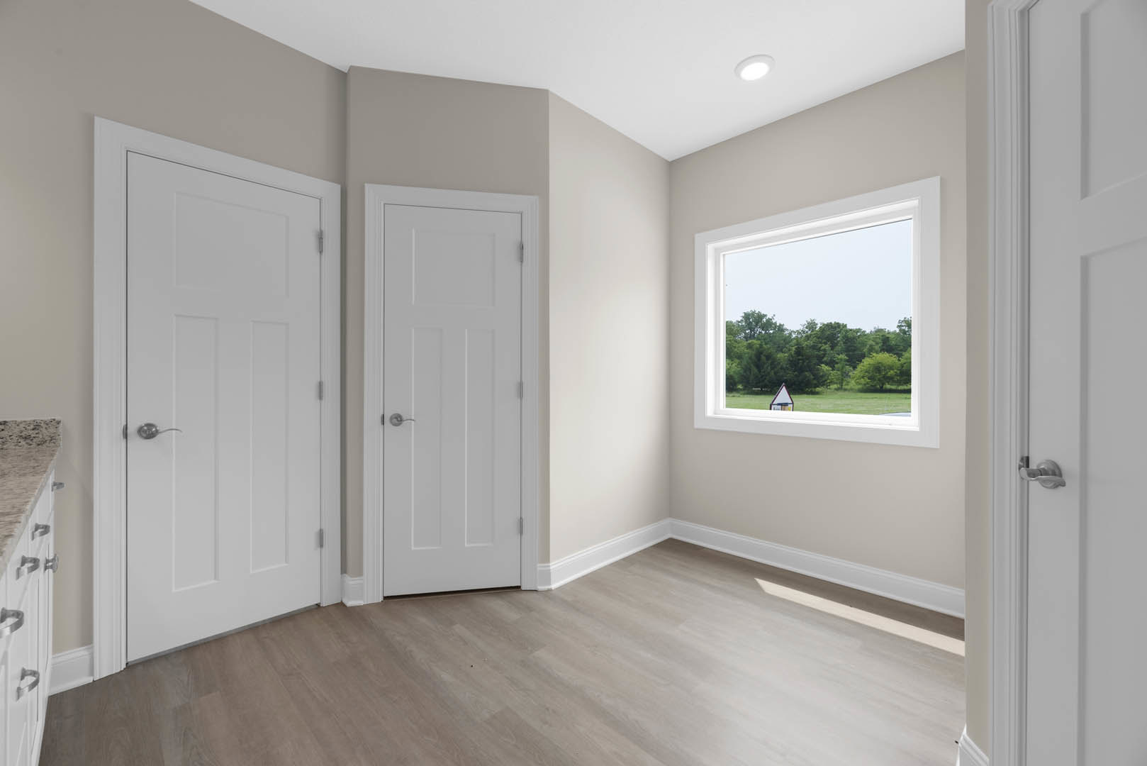 Wood flooring room with two white doors, silver handles, large window showing trees outside, white walls, ceiling light fixture