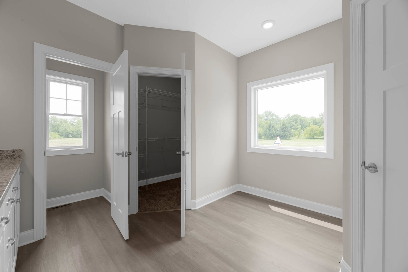 Bedroom with wood laminate flooring, white trim, built-in closet with white door and shelving, two windows overlooking leafy trees, close-up of brushed metal door knob