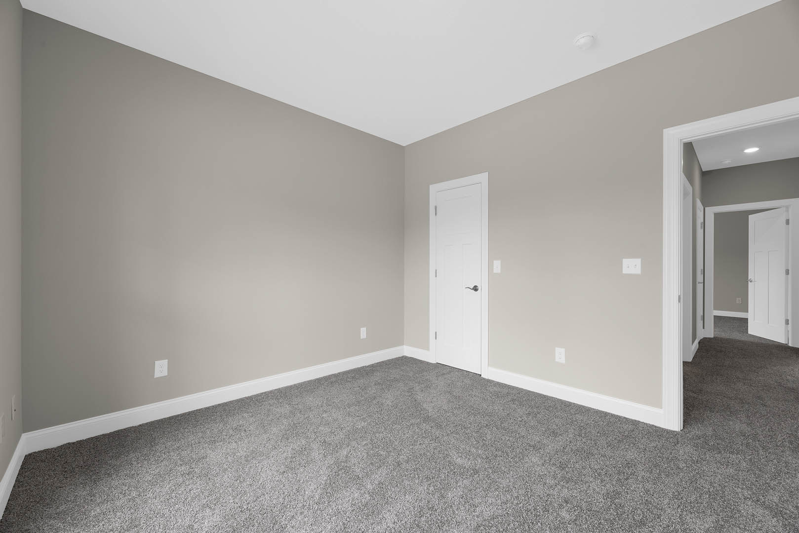 White paneled door with silver handle set in a neutral-toned room featuring light beige carpet flooring and smooth plaster walls