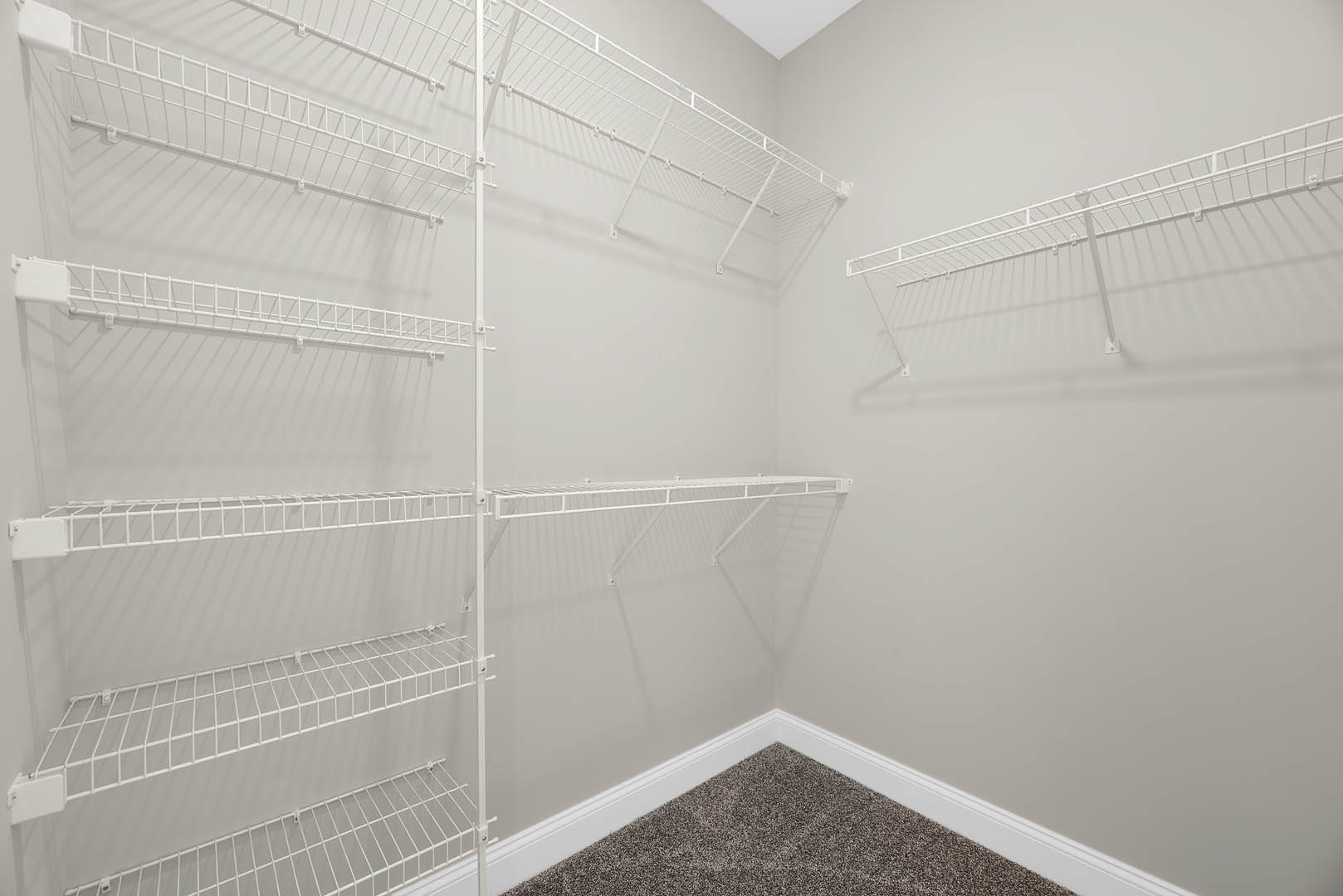 Built-in white shelves against a plaster wall, white cabinet with metal handle, neutral carpet flooring, minimal decor in a bright indoor room