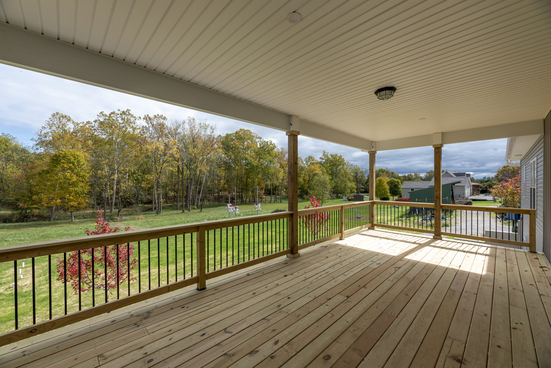Wood deck with white railing, grassy yard, trees including one with red leaves, and white roof overhead with ceiling light.