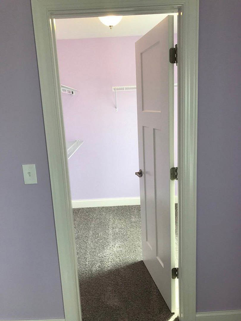 White door open to a closet with built-in white shelf, white wall outlet featuring a P symbol, light fixture, and wood flooring.