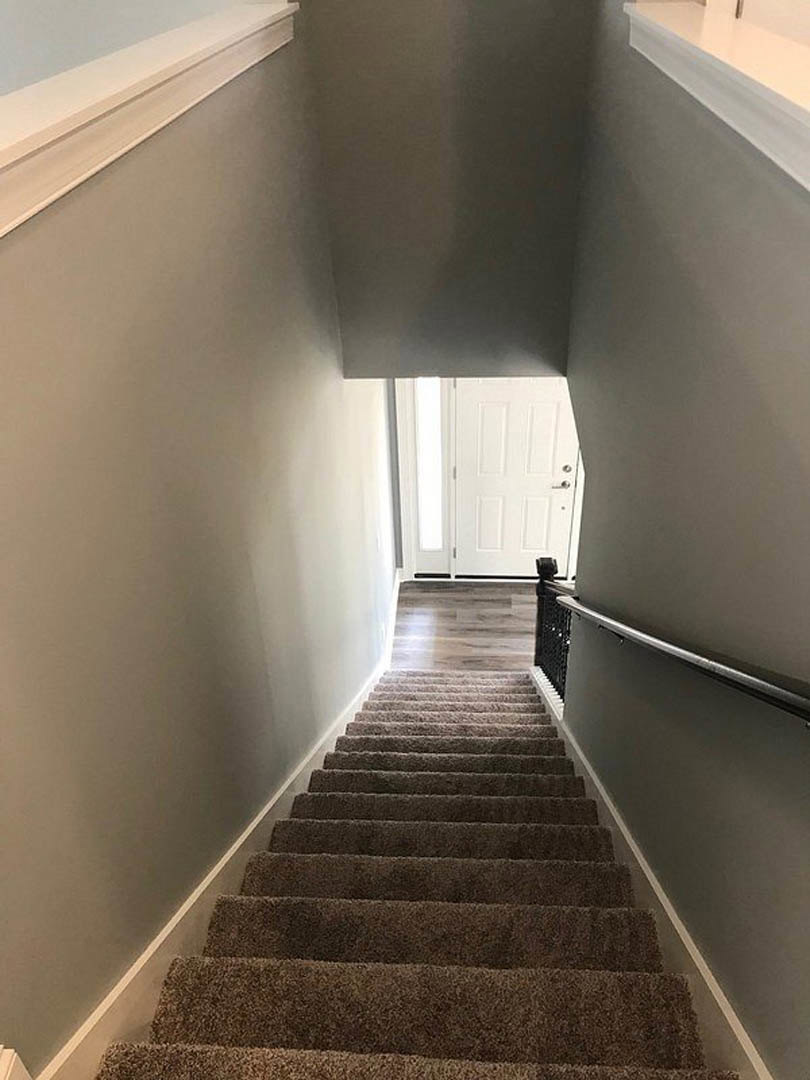 Carpeted staircase with white wooden handrail, white door featuring glass panel, beige carpet flooring, and painted wall in a residential interior.