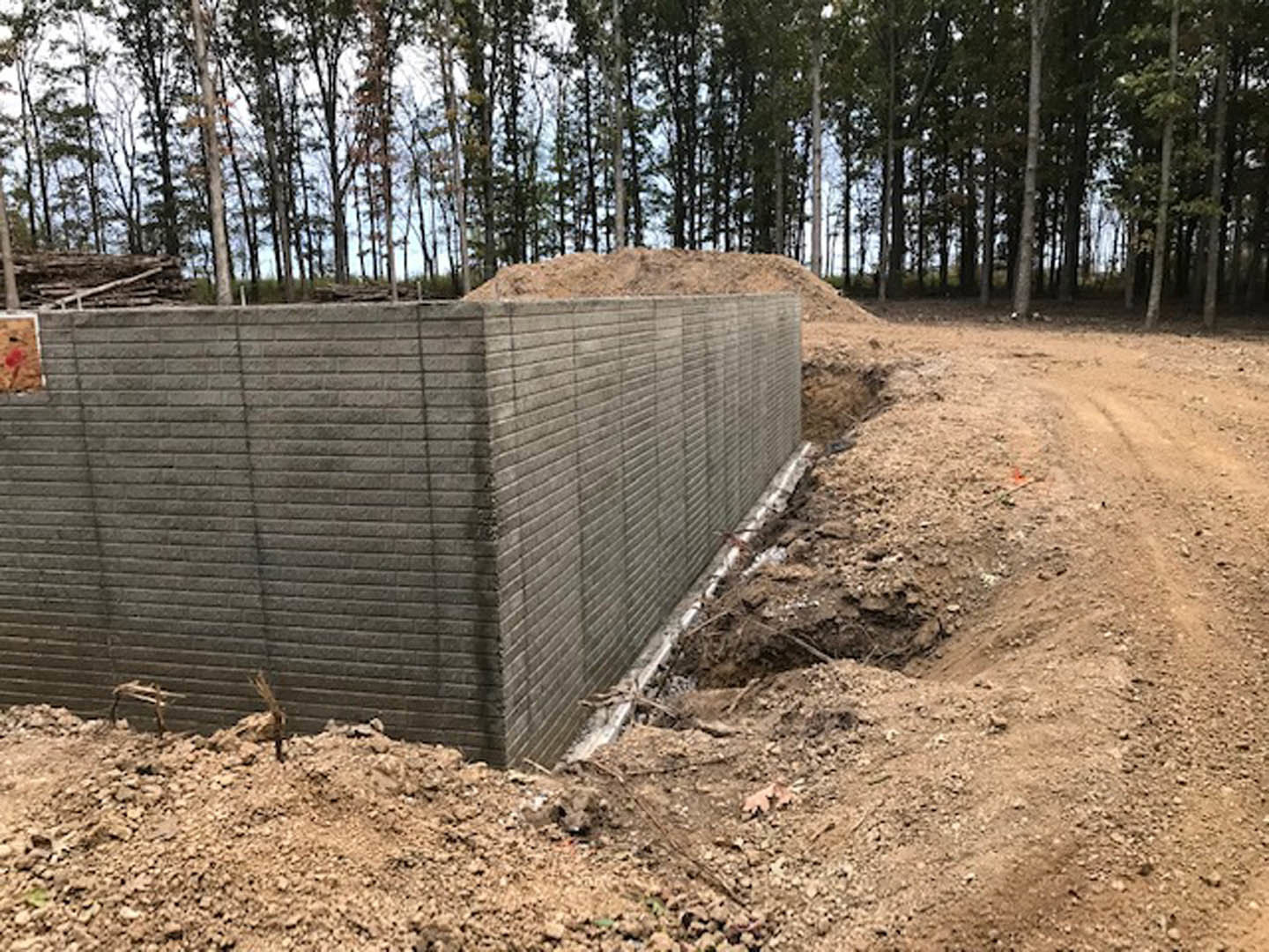 Concrete foundation wall surrounded by bare soil, with scattered plants and trees in the outdoor area under a clear sky