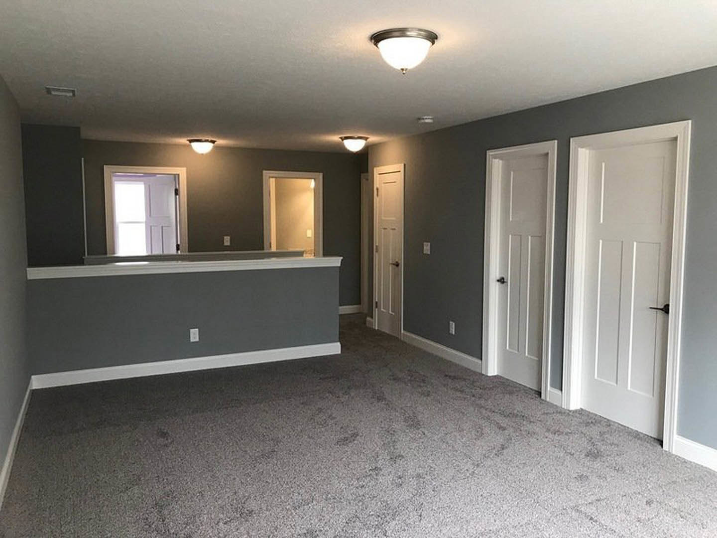 Grey-painted walls with white baseboards and trim, white door featuring a black handle, ceiling-mounted light fixture, hardwood flooring