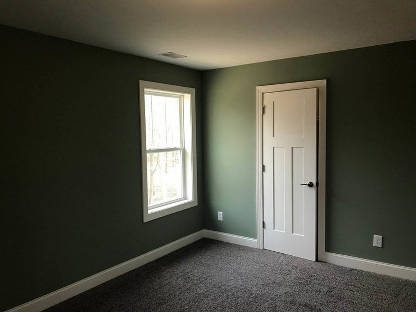 White paneled door with black handle, white-framed window, beige carpet flooring, white ceiling with air vent