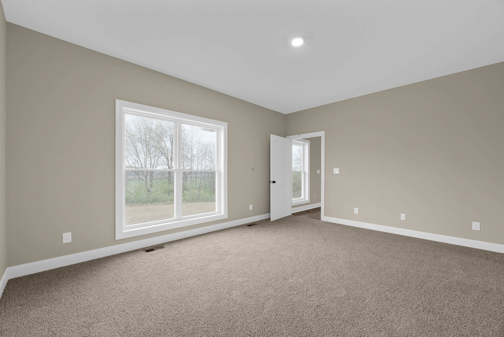 Bright room with white walls, white door, large windows showing green trees outside, recessed ceiling light, beige carpet flooring, and simple crown molding.