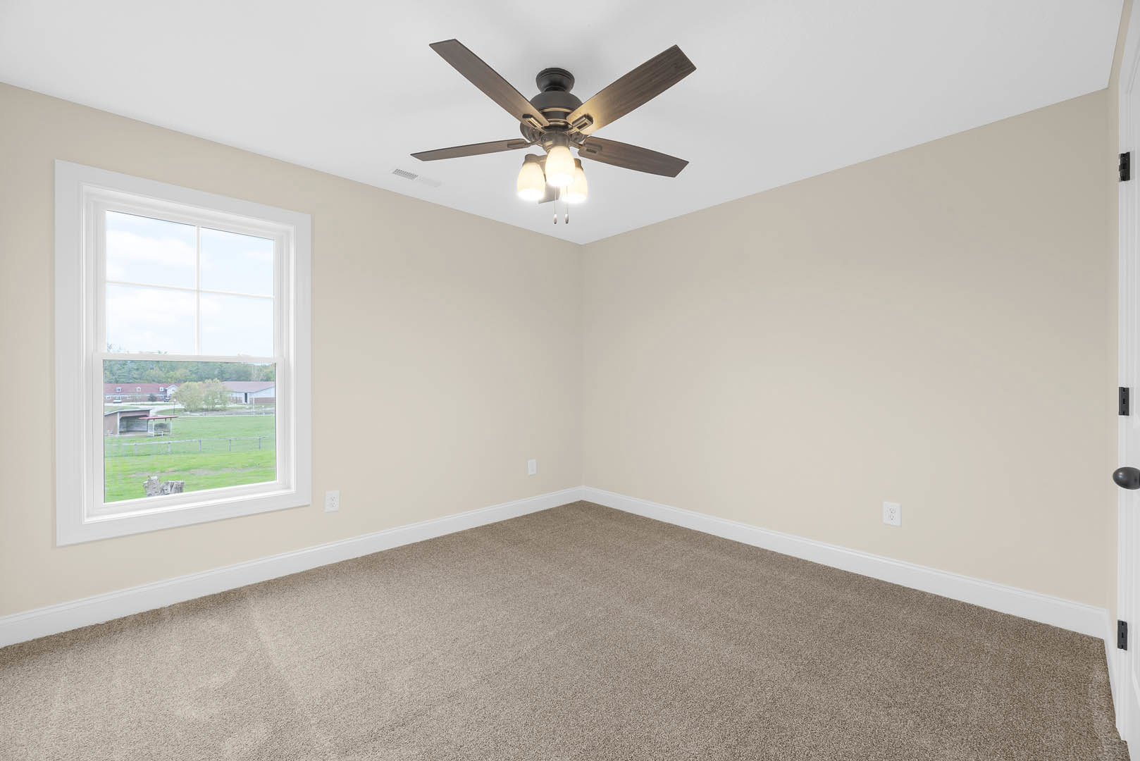 Ceiling fan with light fixture mounted on white plaster ceiling above carpeted room, window with view of grassy field and fenced area, white trim along walls