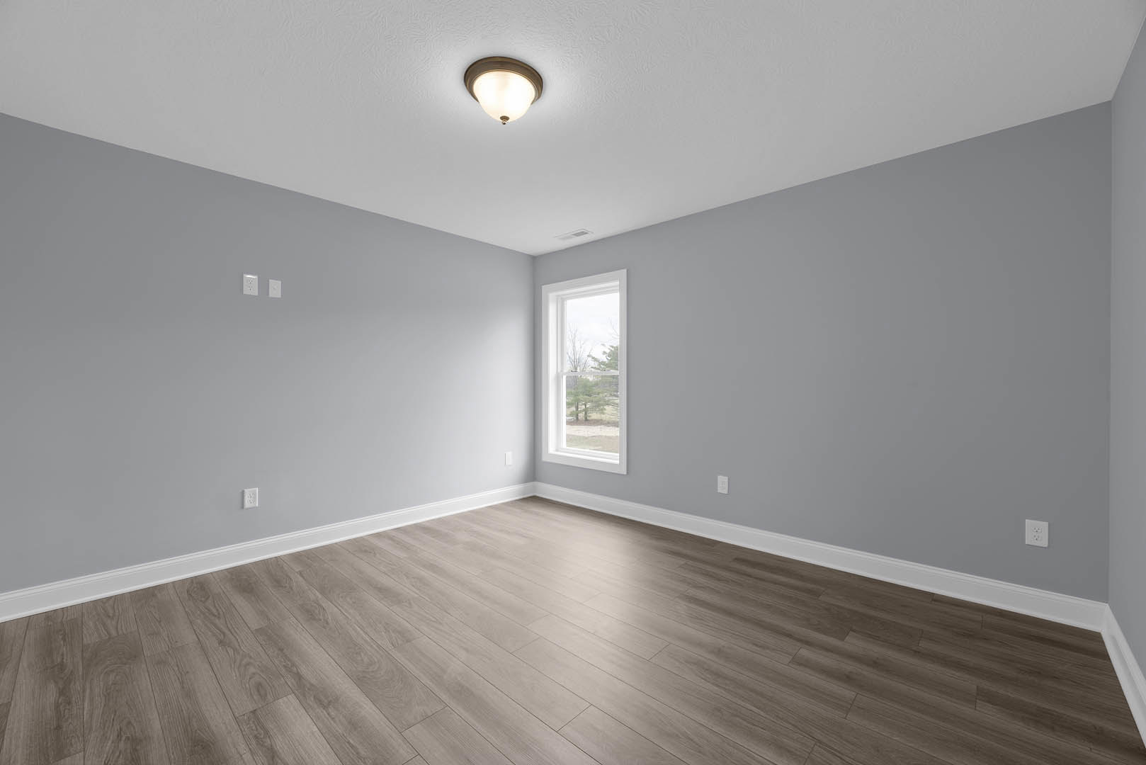 Sunlit room with large window overlooking leafless trees, warm hardwood flooring, white plaster walls, ceiling light fixture, and decorative molding.