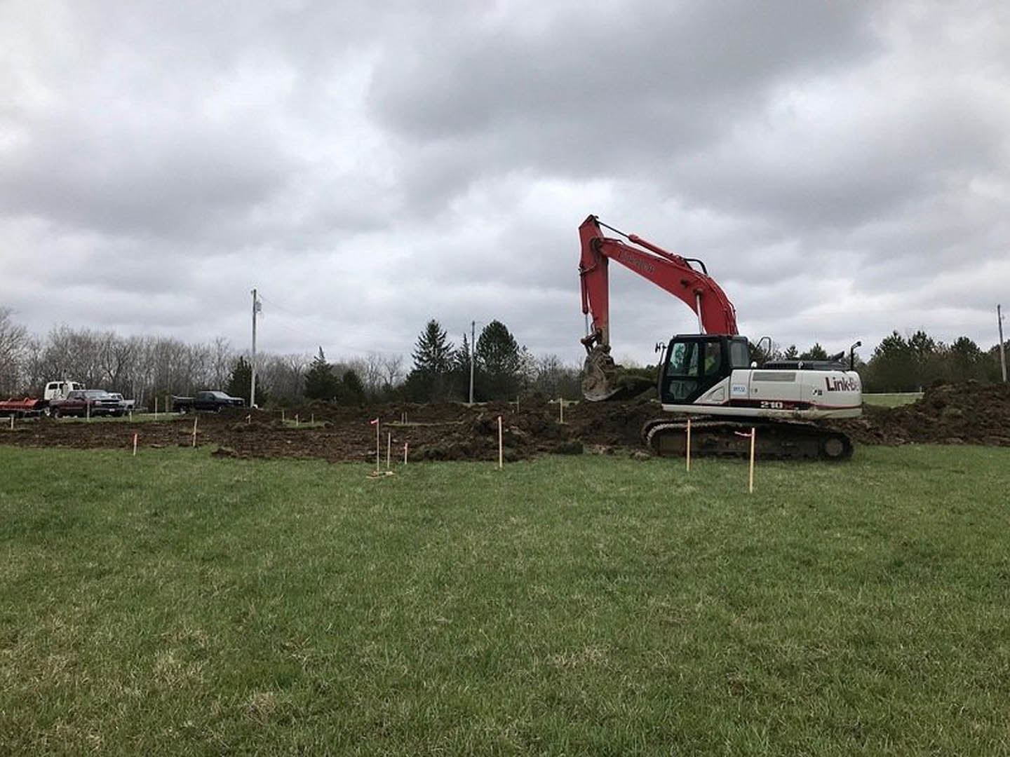 Red and white excavator digging into grassy field with scattered flags, leafy tree in background, cloudy sky overhead