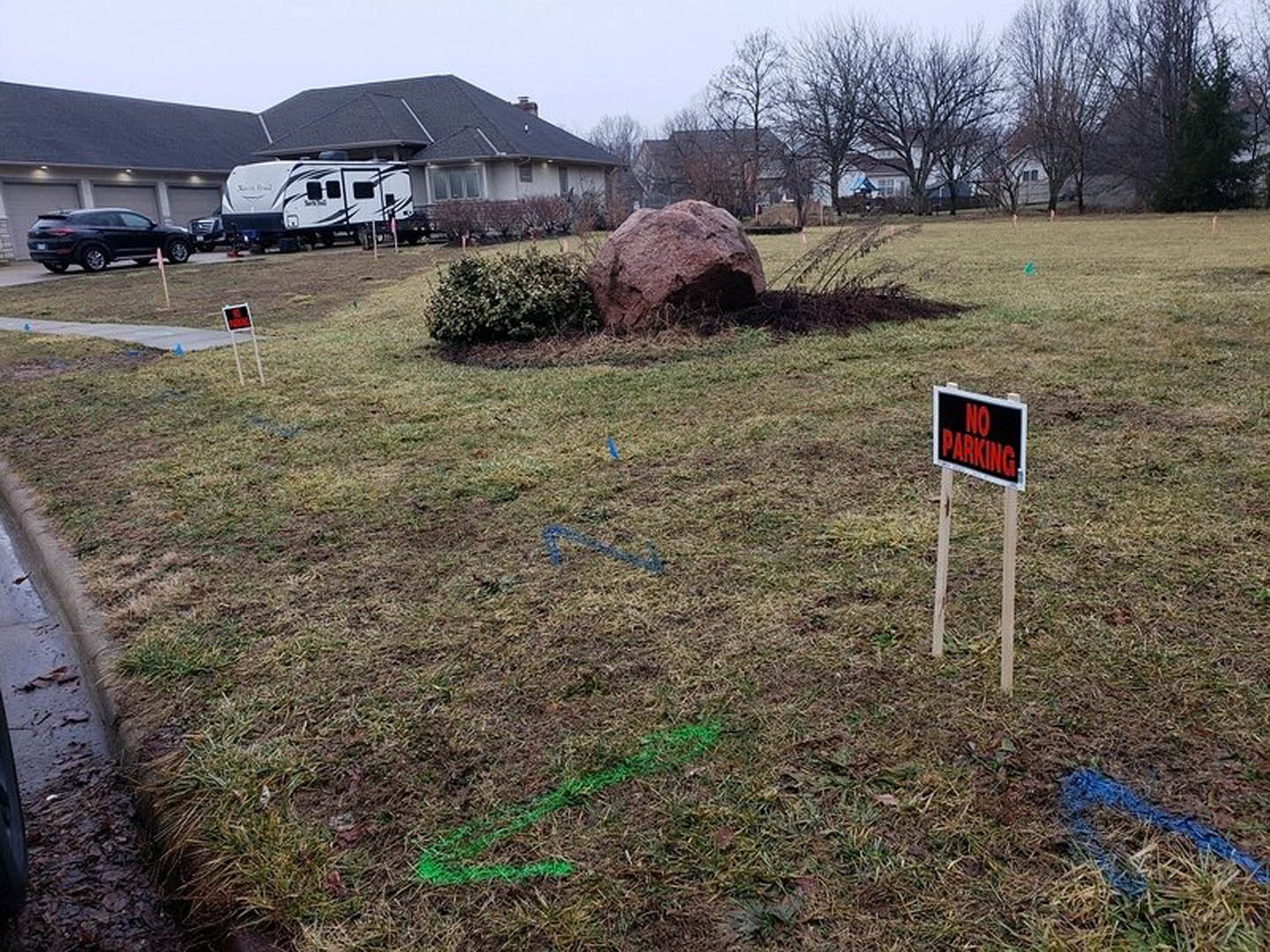 Grassy front lawn with no parking signs, large rock, black car parked on street, white and black RV, trees and plants in background