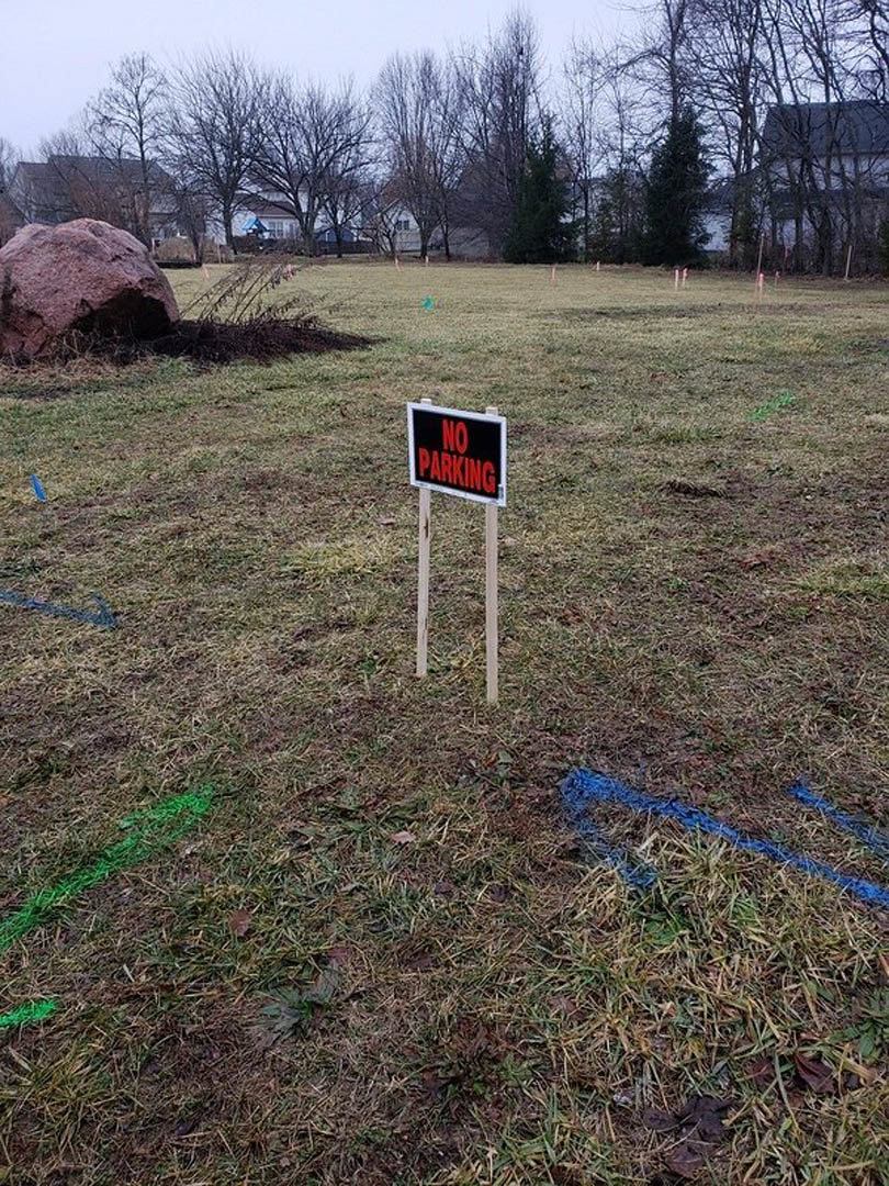 No parking sign mounted on wooden post beside large rock with hole, blue painted line in grassy field, scattered trees in background