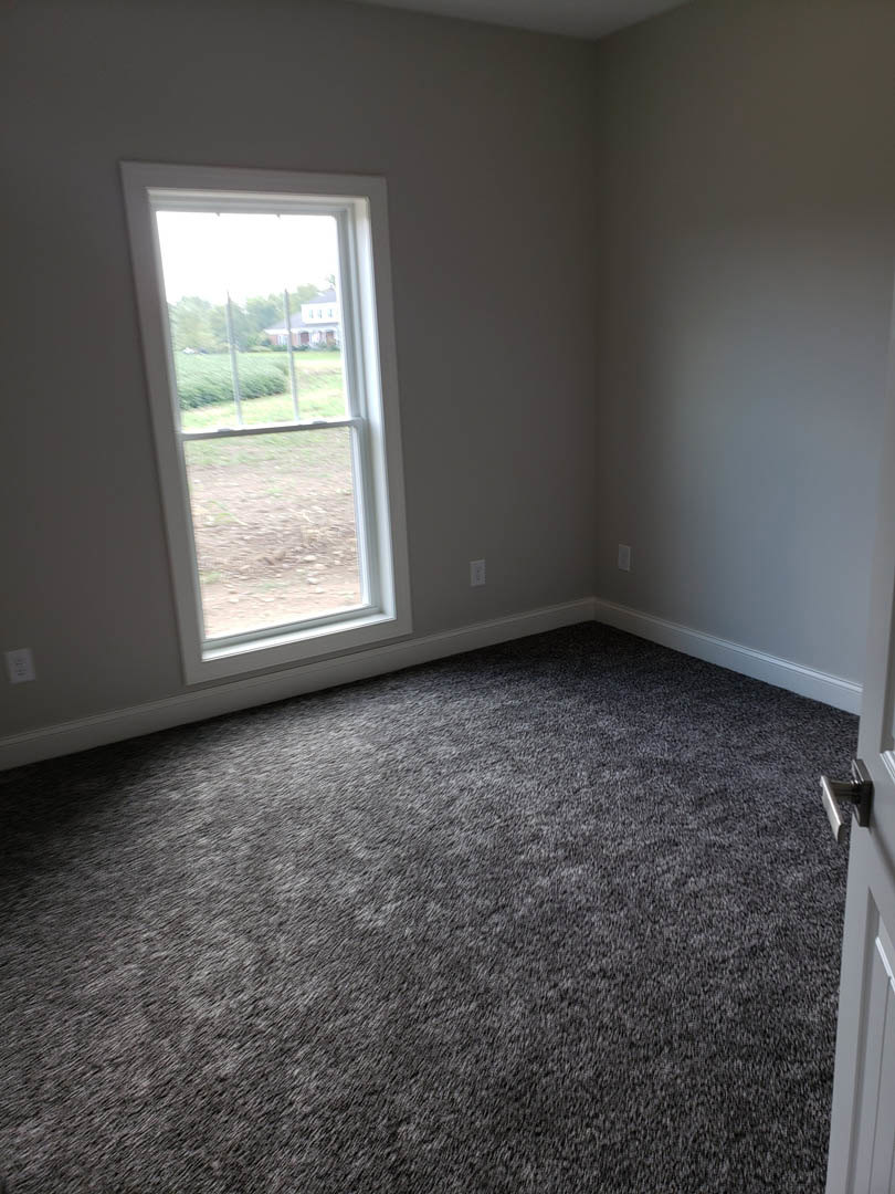 Neutral-toned carpeted room with white walls, large window overlooking fenced grassy yard, and simple door handle visible