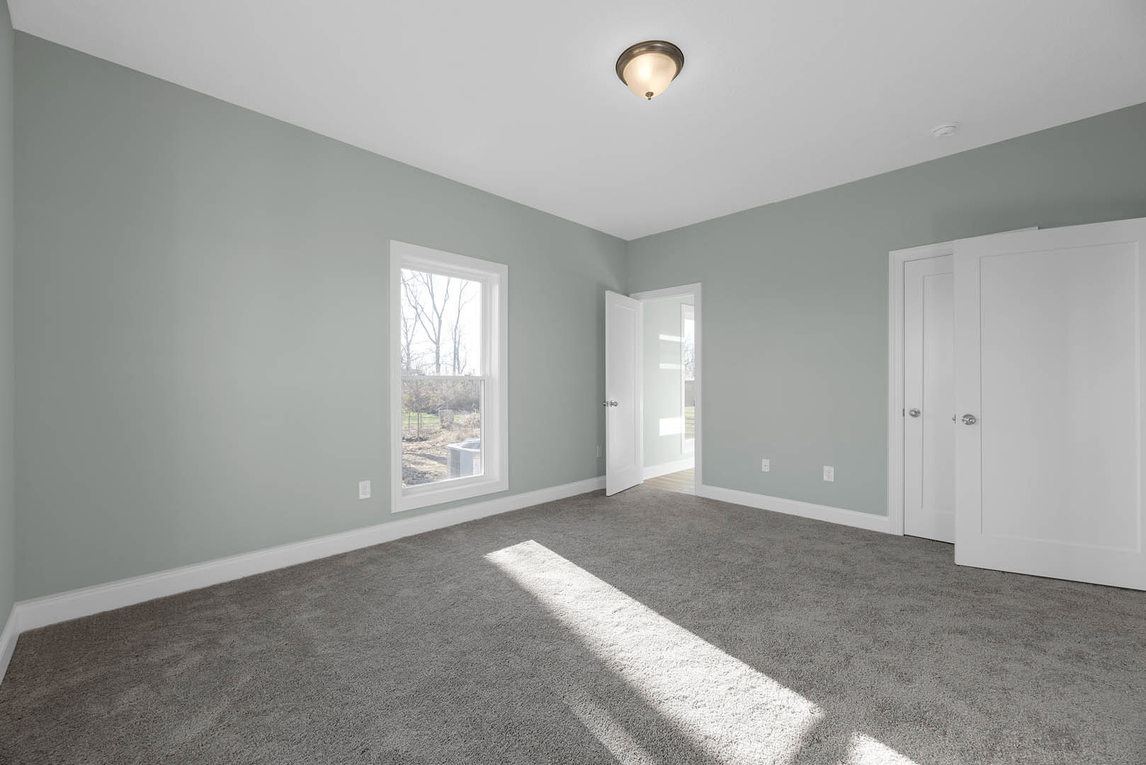 Sunlit room with large windows overlooking trees, white paneled door with silver hardware, neutral carpet flooring, modern ceiling light fixture, and crisp plaster walls with
