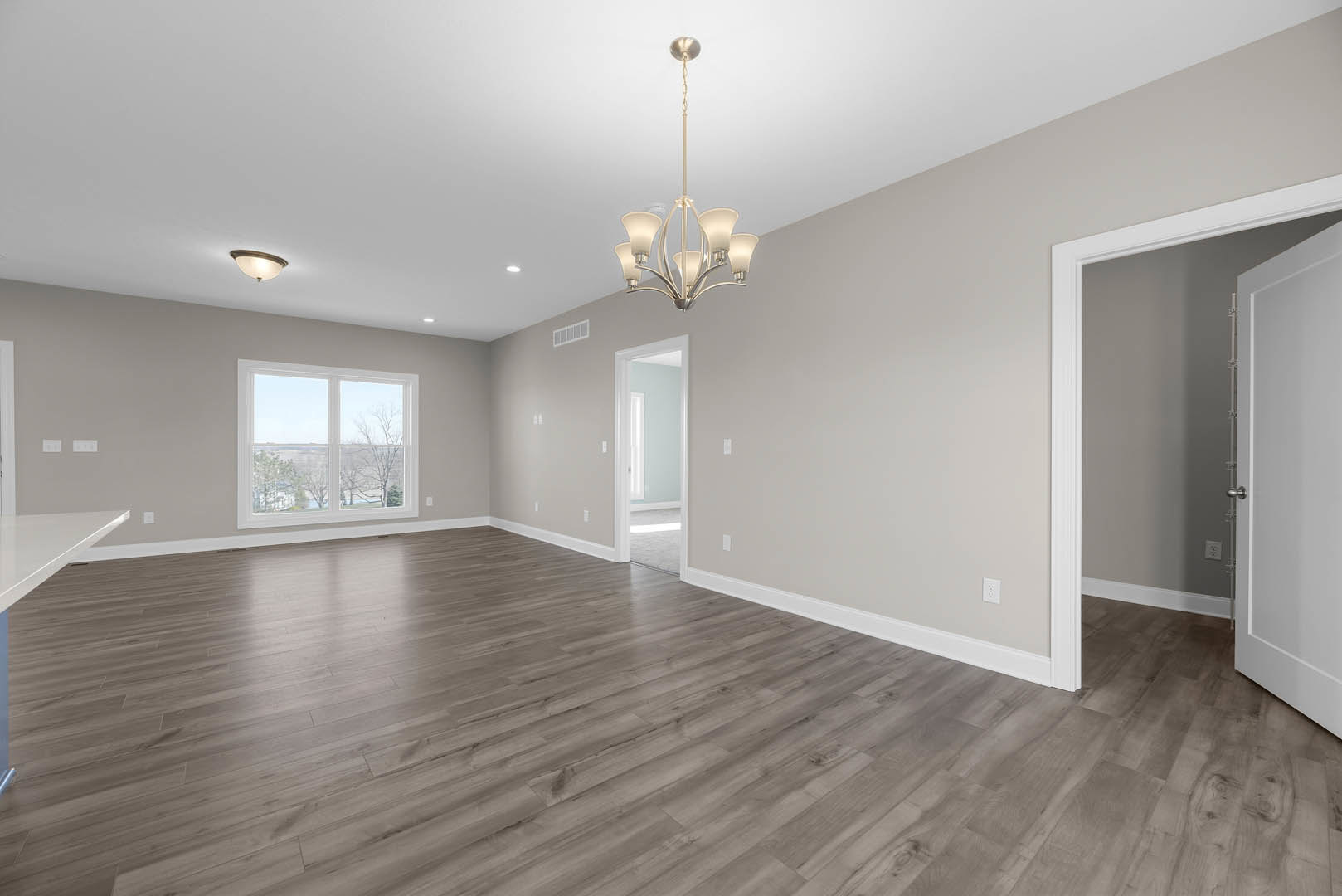 Chandelier with white shades hangs from plaster ceiling above hardwood floor with white trim, large window reveals trees outside, white door visible in corner.