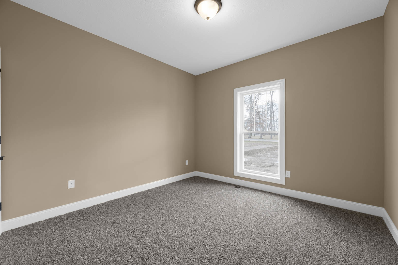 Carpeted room featuring a large window with a view of trees, white plaster walls, ceiling molding, and a modern light fixture.