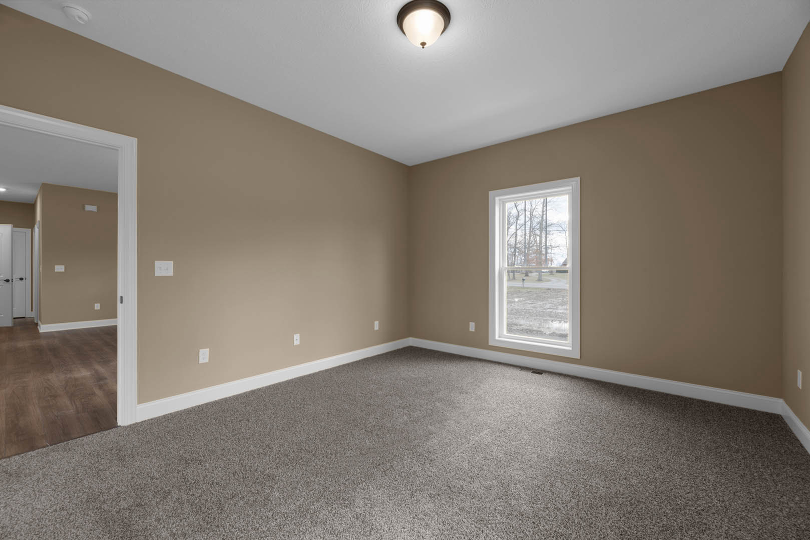 Carpeted bedroom with large window overlooking park, white walls, ceiling light fixture, and wood trim molding