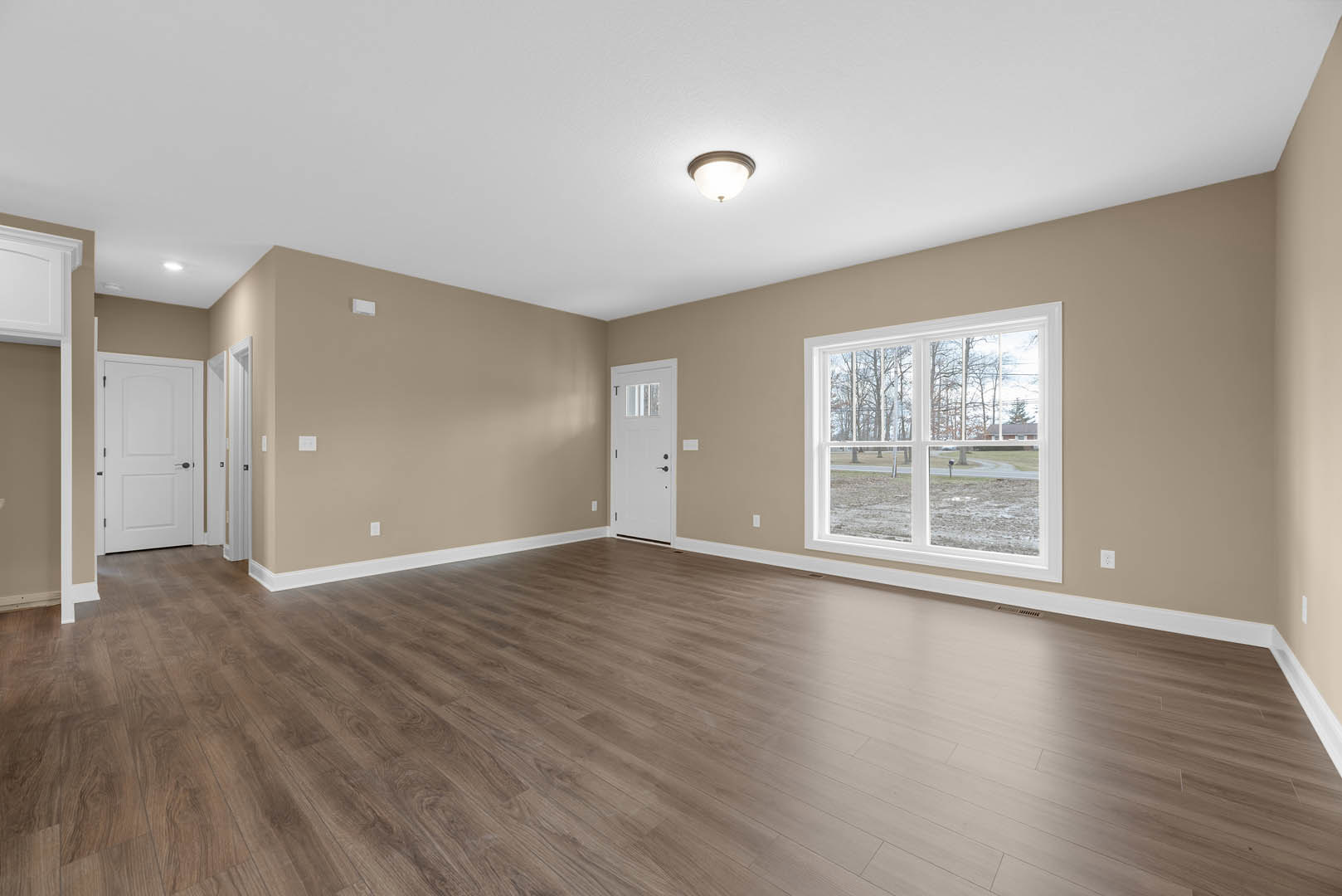 Sunlit room with wide window overlooking field and trees, hardwood floor, white door with black handle and window, ceiling-mounted light fixture, plaster walls.