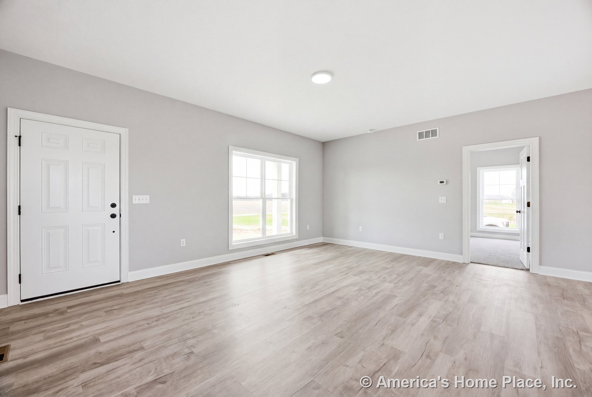 Light vinyl plank flooring, white trim and baseboards, large double-pane window allowing natural light, flush ceiling light fixture, white panel entry door, neutral gray painted