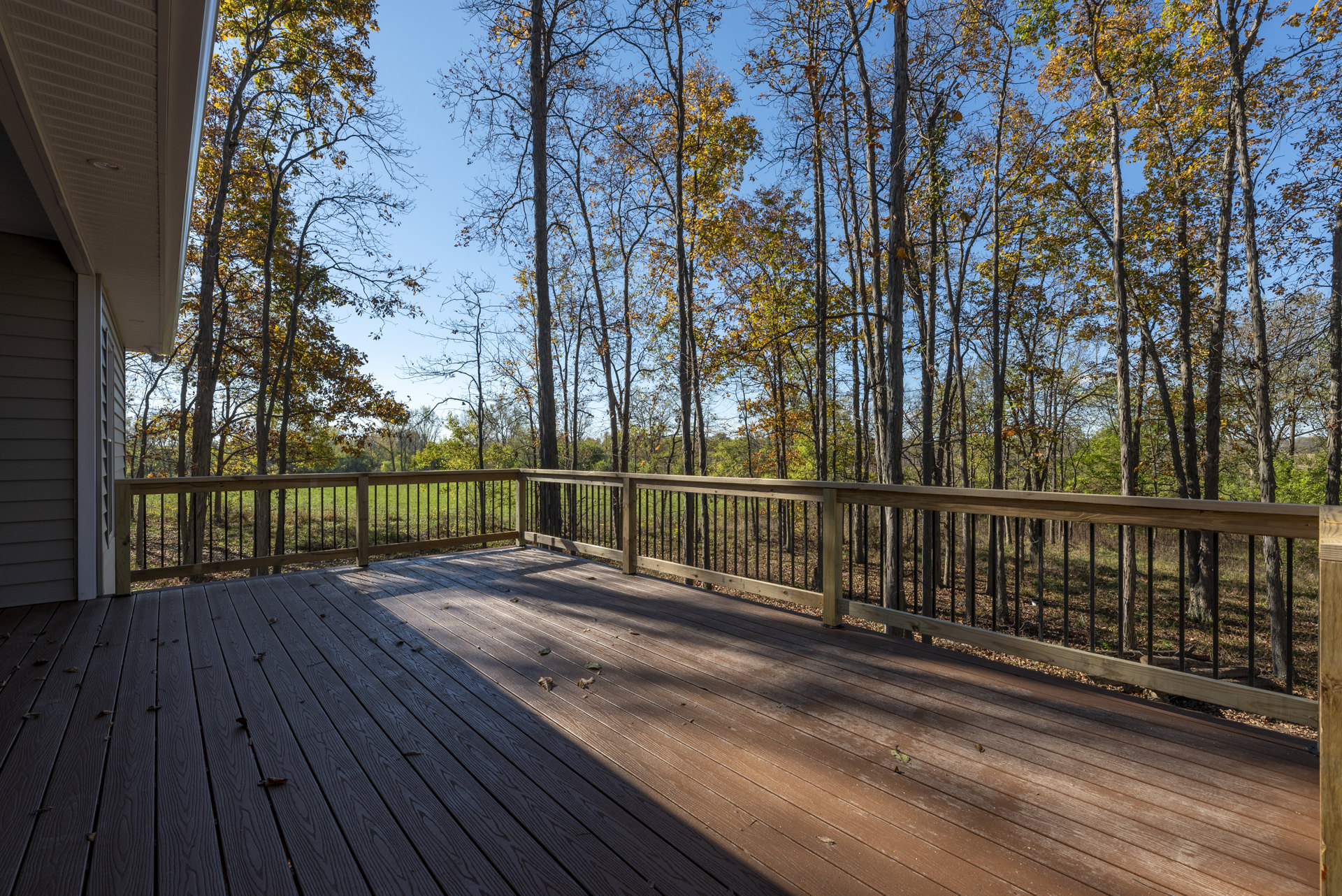 Wooden deck with horizontal railing, scattered autumn leaves on the surface, mature trees and sky in the background