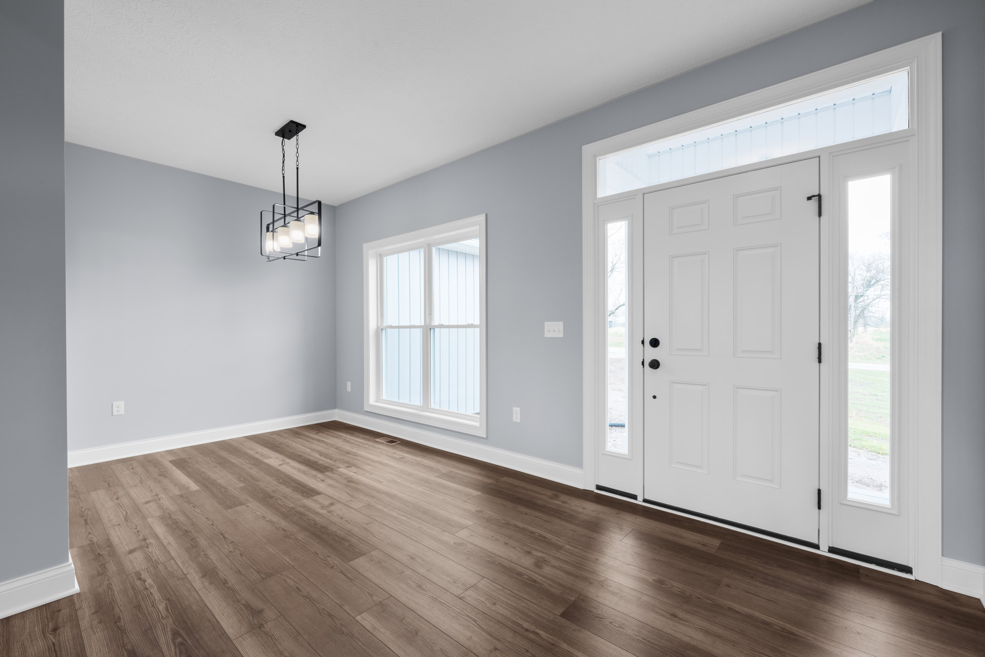 White paneled door with black handles, hardwood floor, large window, and neutral painted walls in a residential interior.