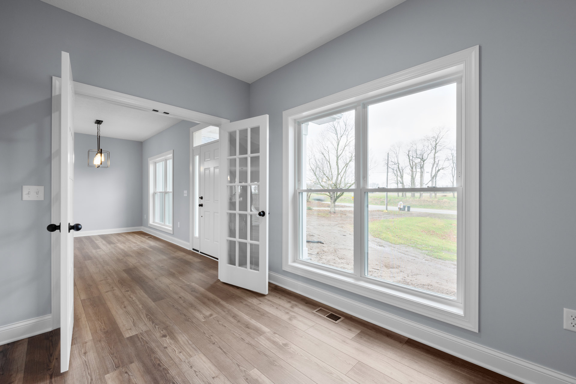 Bright room with wood flooring, large window overlooking yard, white doors, wall-mounted light switch, and ceiling light fixture