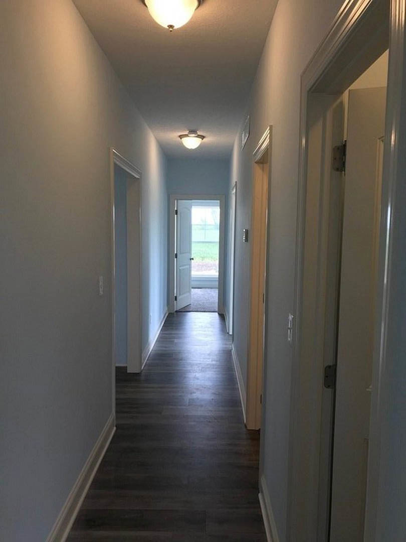 Hallway with dark wood flooring, white trim, white walls, ceiling-mounted light fixture, open door revealing grassy yard