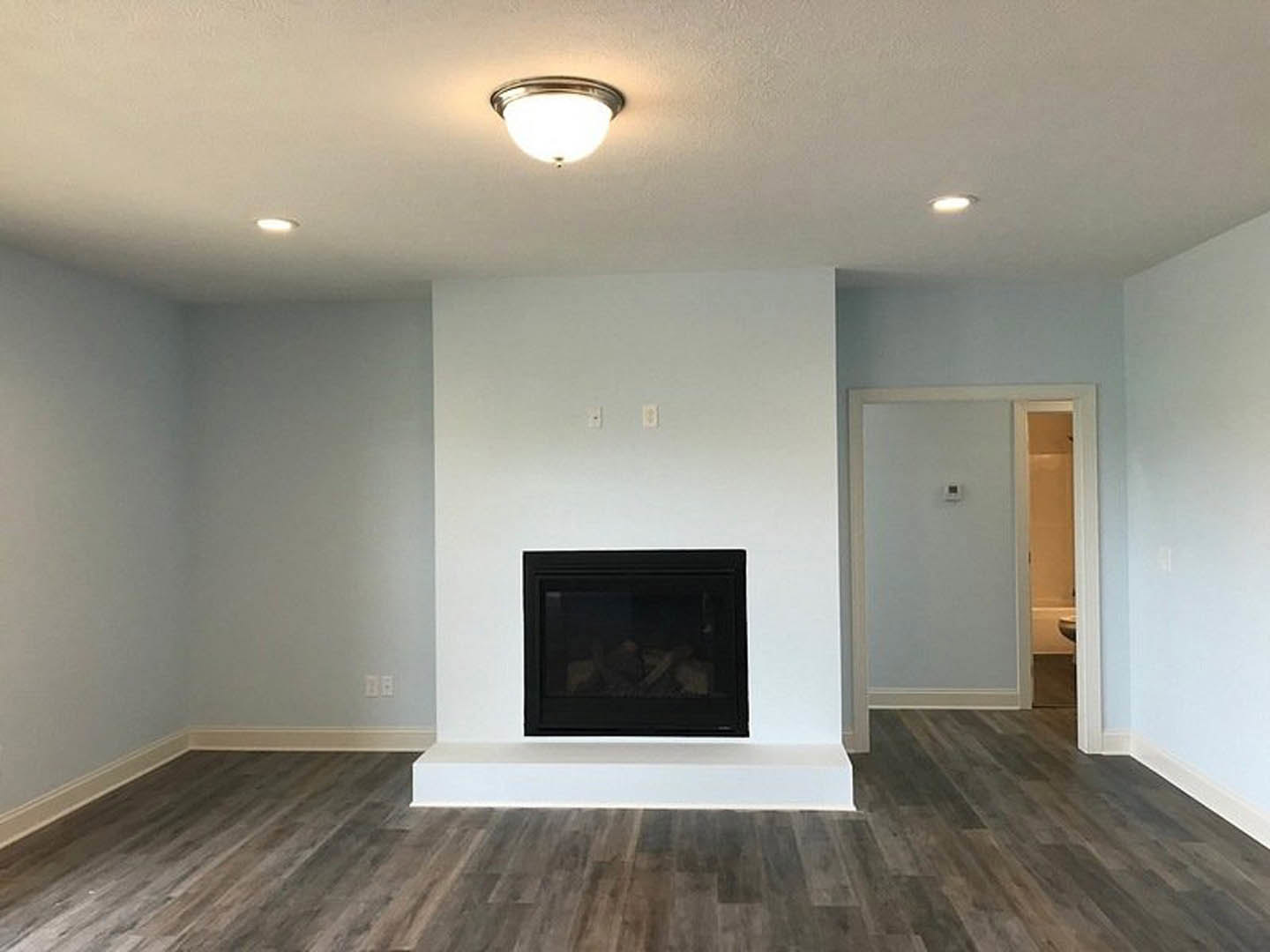 Hardwood floor living area featuring a black-framed glass fireplace, white walls with a thermostat, and a ceiling light fixture.