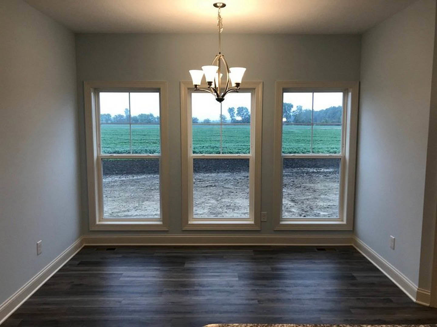 Dark wood floor in a bright room featuring three large windows, white walls, and a modern chandelier; windows offer a view of an open field.