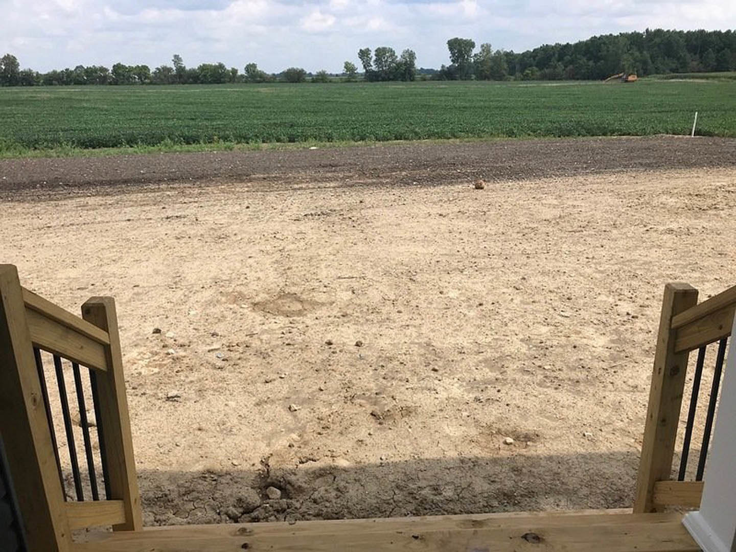 Dirt field bordered by a wooden fence and green plants, with a backdrop of tall trees under a partly cloudy sky