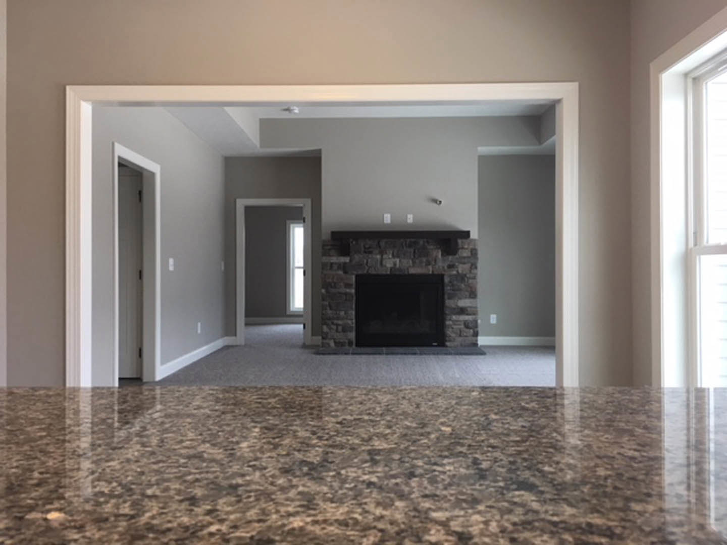 Marble countertop with subtle veining in a living room, black-framed fireplace set in plaster wall, light wood flooring, glass-paneled door, and white ceiling.