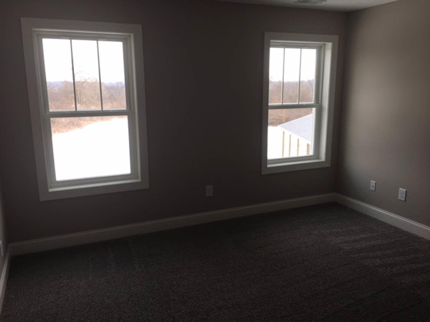 Carpeted room with two windows, one featuring bars and overlooking a snowy landscape, light fixture mounted on wall, white window blinds partially drawn.