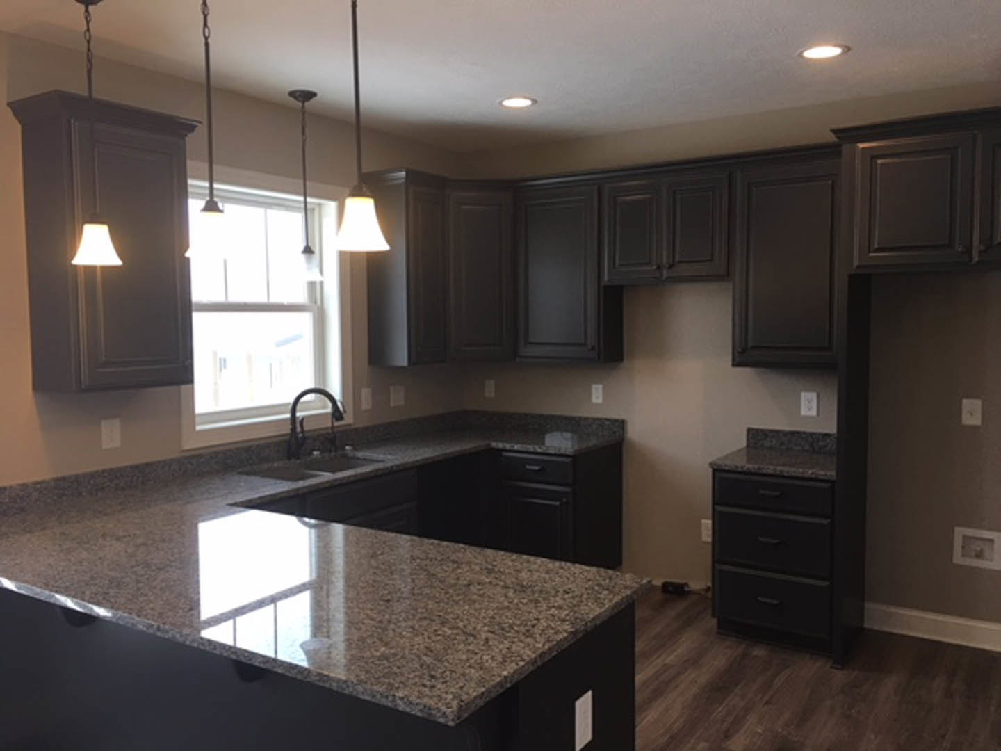 Granite countertops with dark cabinetry, stainless steel faucet, and modern light fixture in a contemporary kitchen