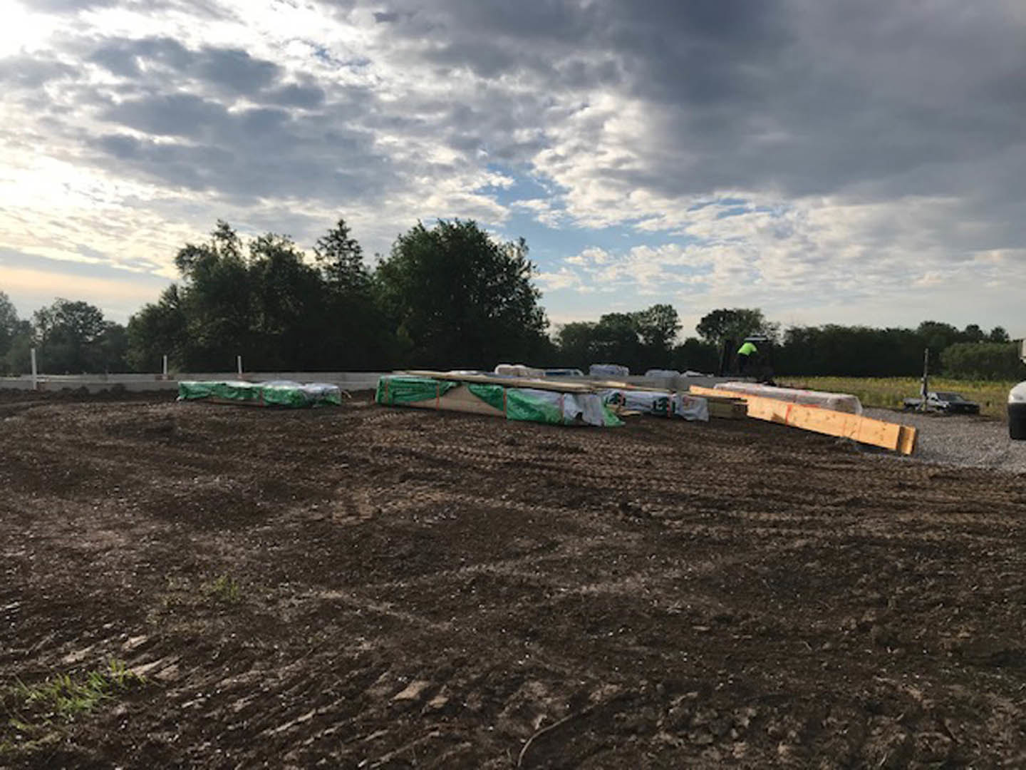 Stacked wooden planks and boards wrapped in plastic on a dirt field, surrounded by grass, soil, and scattered trees under a cloudy sky