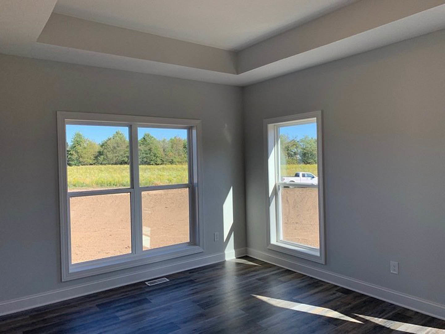 Sunlit room with large window overlooking trees and grass, wood laminate flooring, white walls, and white door; white truck and person visible outside.