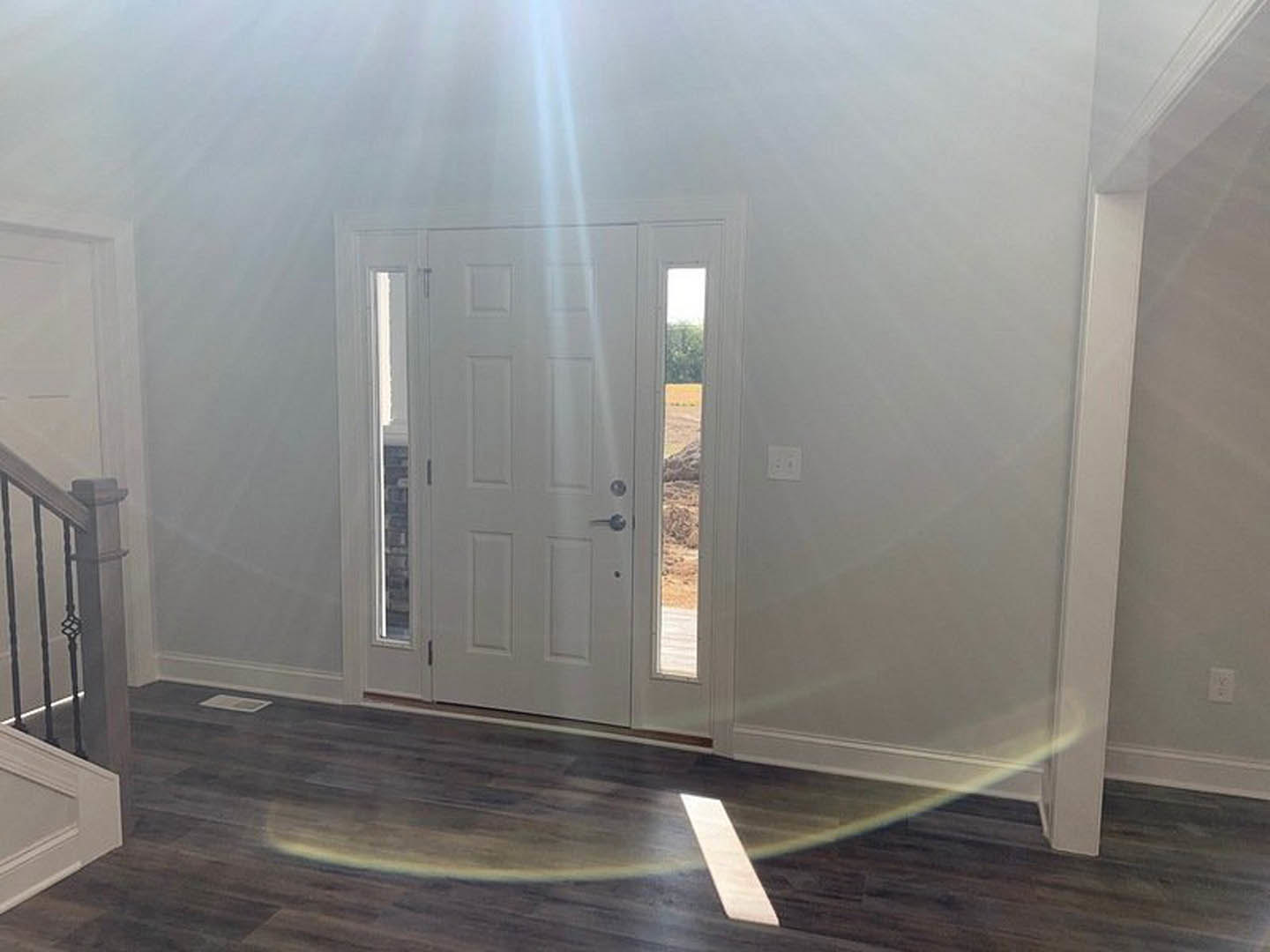 White paneled door with glass insert set in a plaster wall, dark wood flooring with white baseboard, white electrical outlet, metal railing visible in foreground.