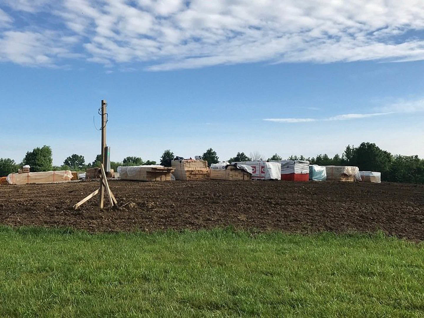 Hay field with scattered grass, utility pole with power lines, blue sky and clouds, distant trees, dirt patches, and a blurred truck in the background