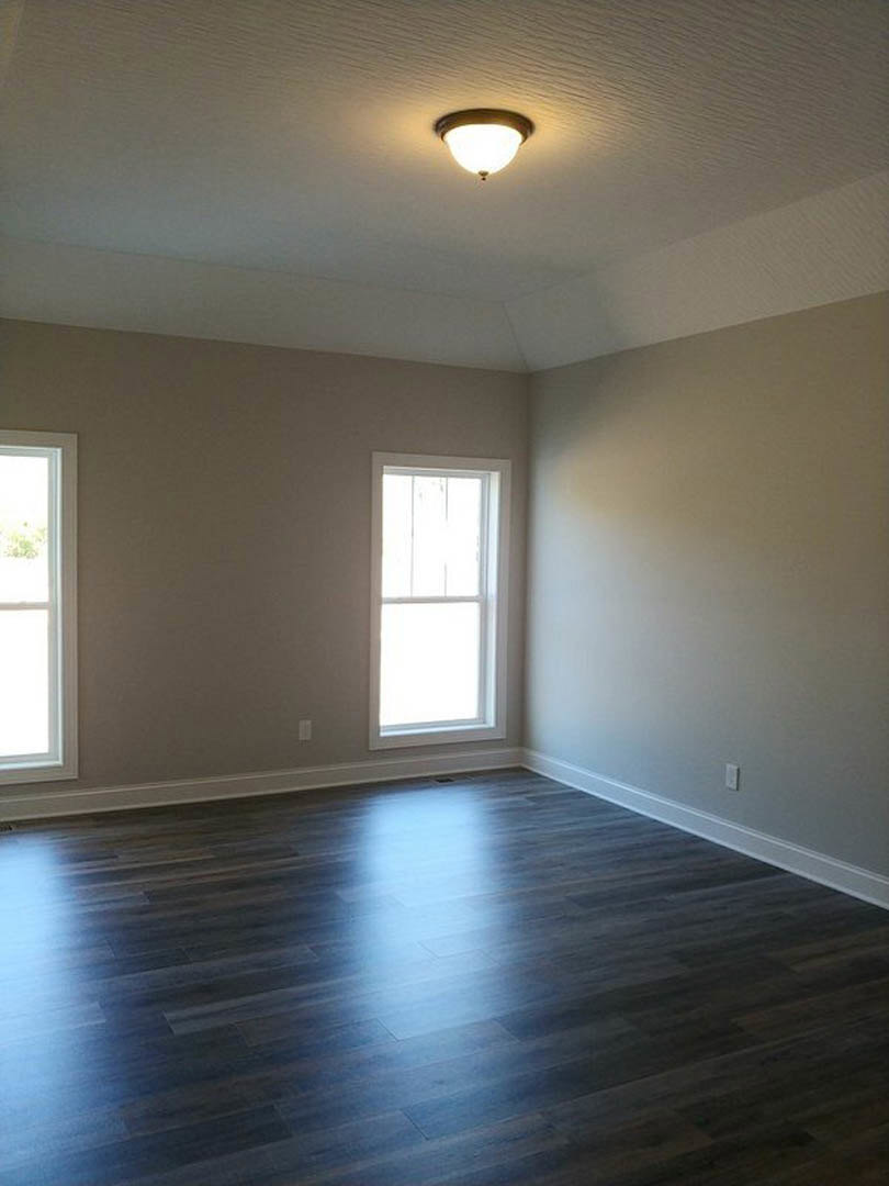 Room with dark wood flooring, white-framed window, plaster walls, and a ceiling-mounted light fixture