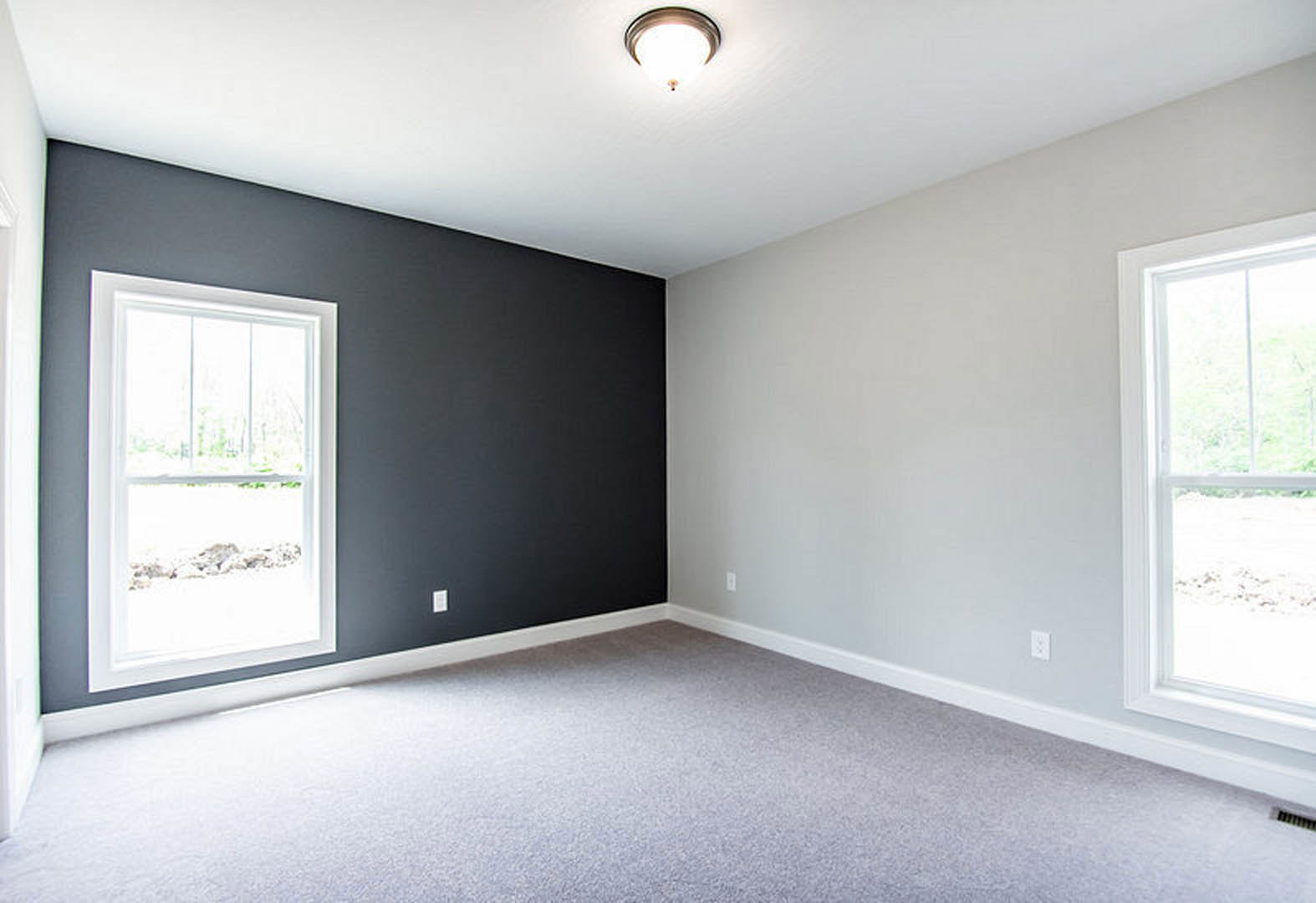 Carpeted room featuring a black accent wall, white-framed window with outdoor view, ceiling light fixture illuminated, plaster ceiling and walls
