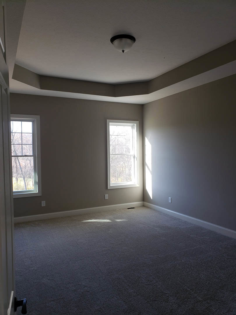 Carpeted room with large windows, white walls, ceiling light fixture, and tree views through the glass