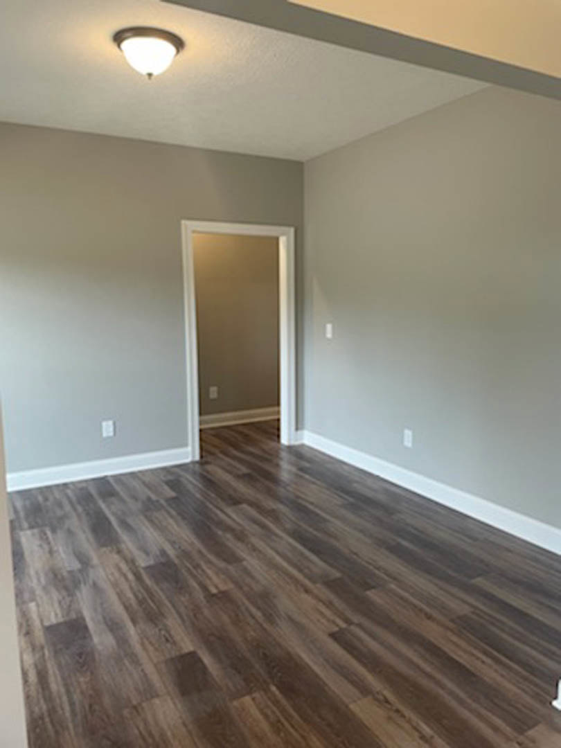 Wide-plank hardwood floor, white walls, modern ceiling light, and a paneled door in a bright interior room