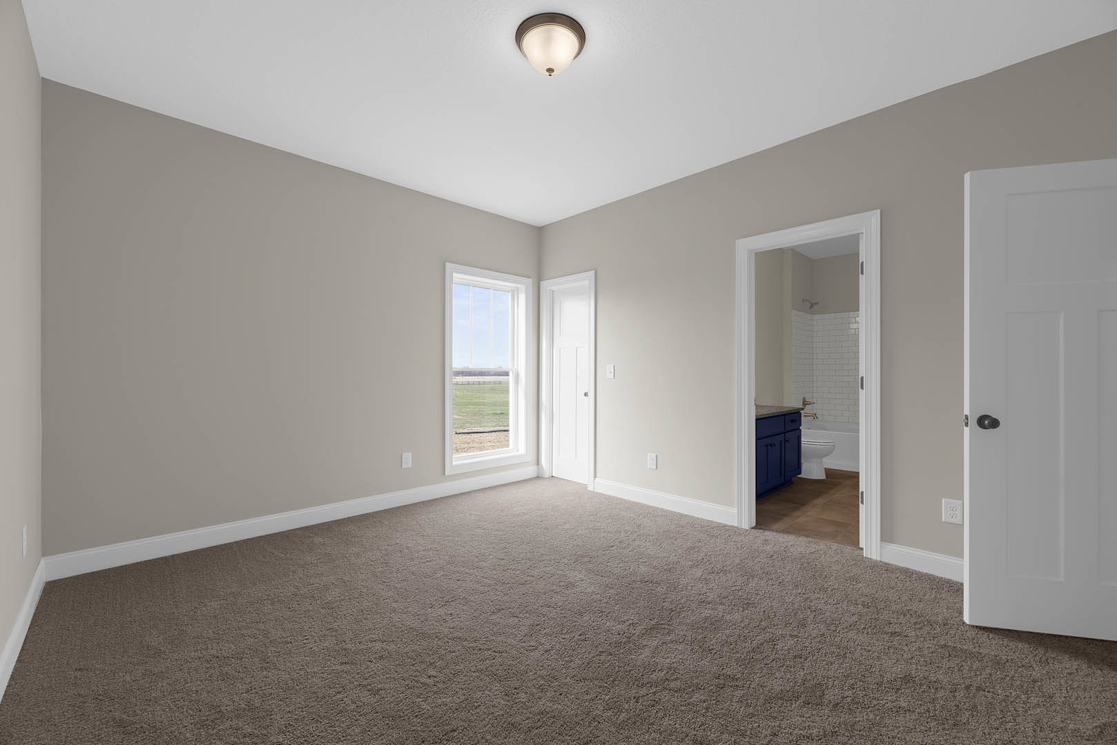 Carpeted room with white door featuring black handle, open to reveal adjacent space; large window offers view of grassy field, ceiling-mounted light fixture, white walls with base