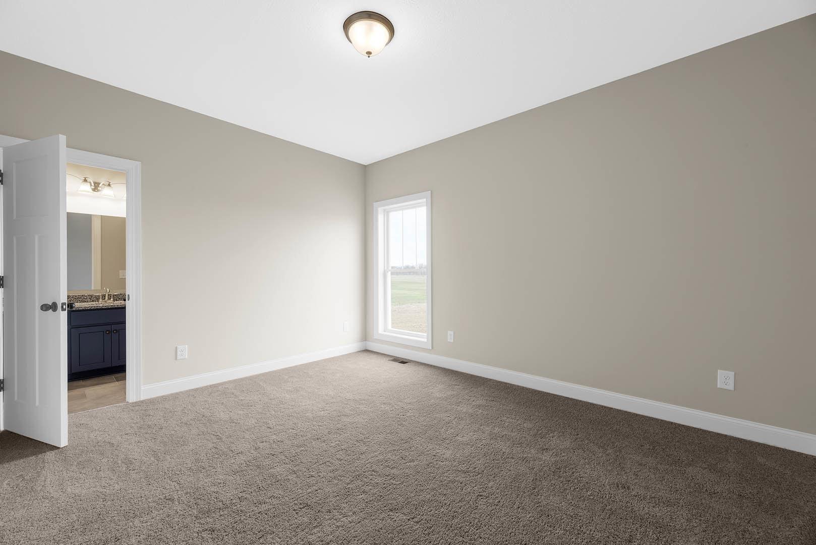 Carpeted room with white walls, large window overlooking grassy field, ceiling-mounted light fixture, and paneled door with molding trim