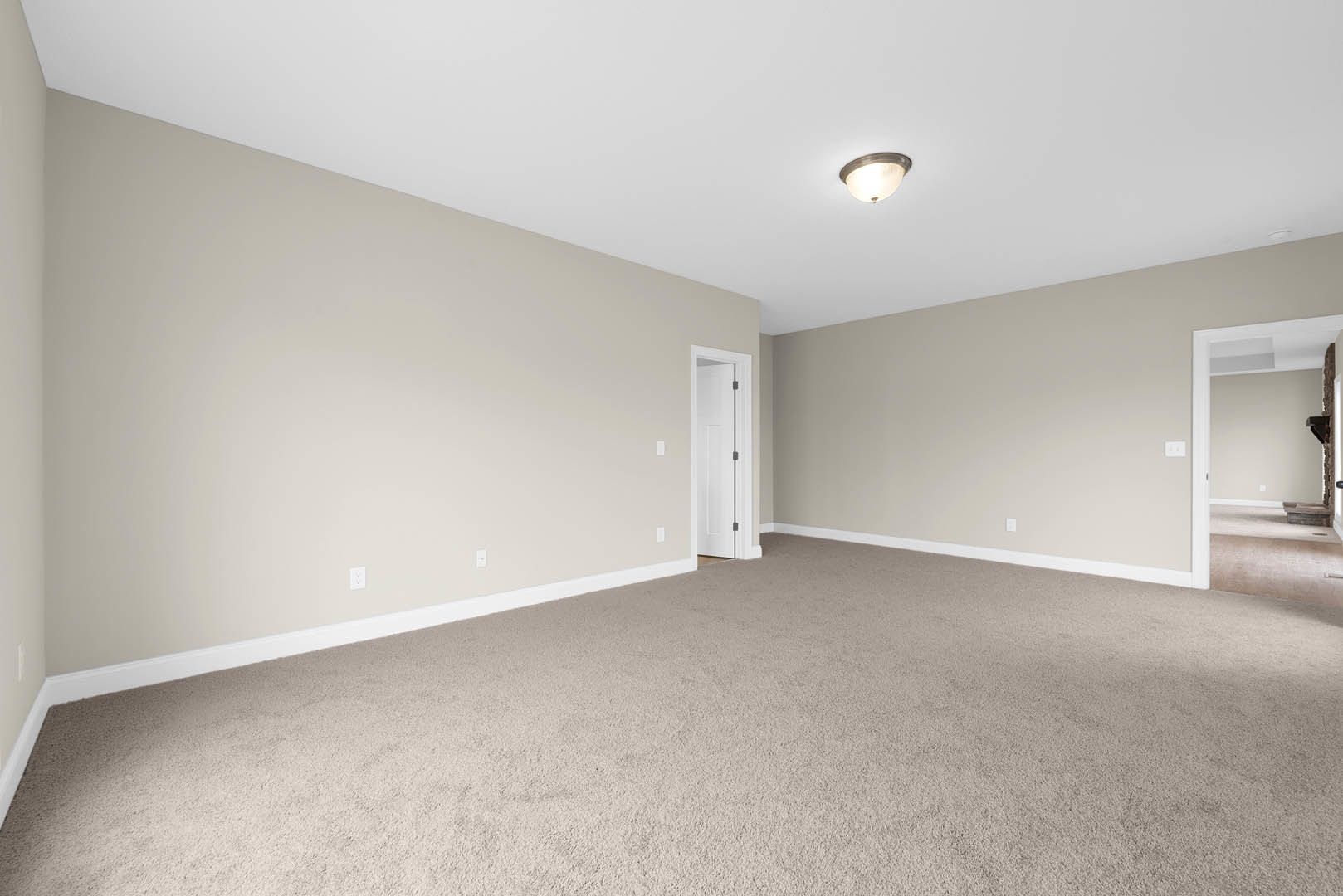 Carpeted room with a white door featuring a black handle, stone accent wall, and ceiling-mounted light fixture.